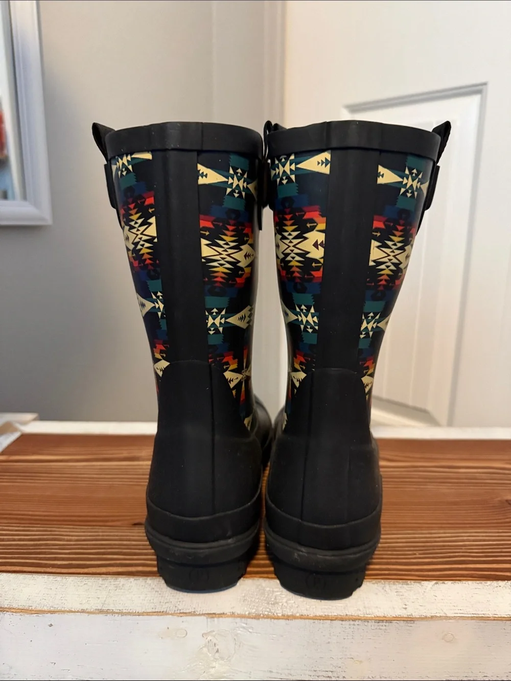 Pendleton Black Rain Boots with Cream, Red, Teal & Yellow Geometric Print